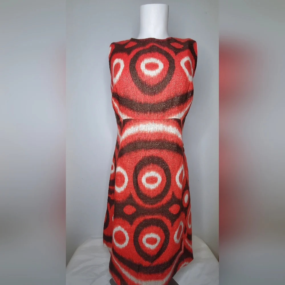 Tory Burch Size 4 Linen Dress Orange/Red Metallic Shimmer and Brown Patterned - Picture 3 of 10